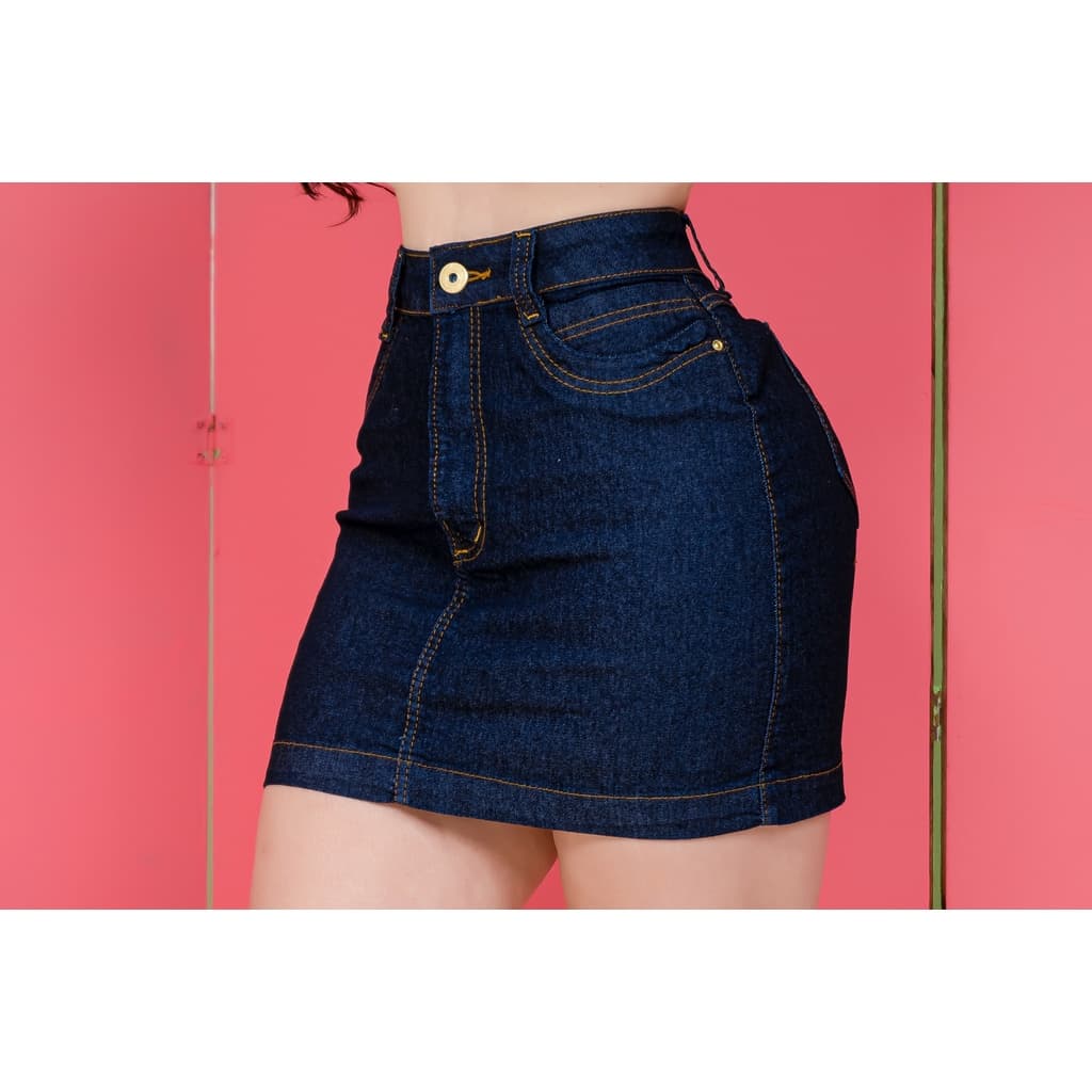 Saia Jeans Feminino Cintura Alta Com Lycra Levanta bumbum Short Cós Desfiado