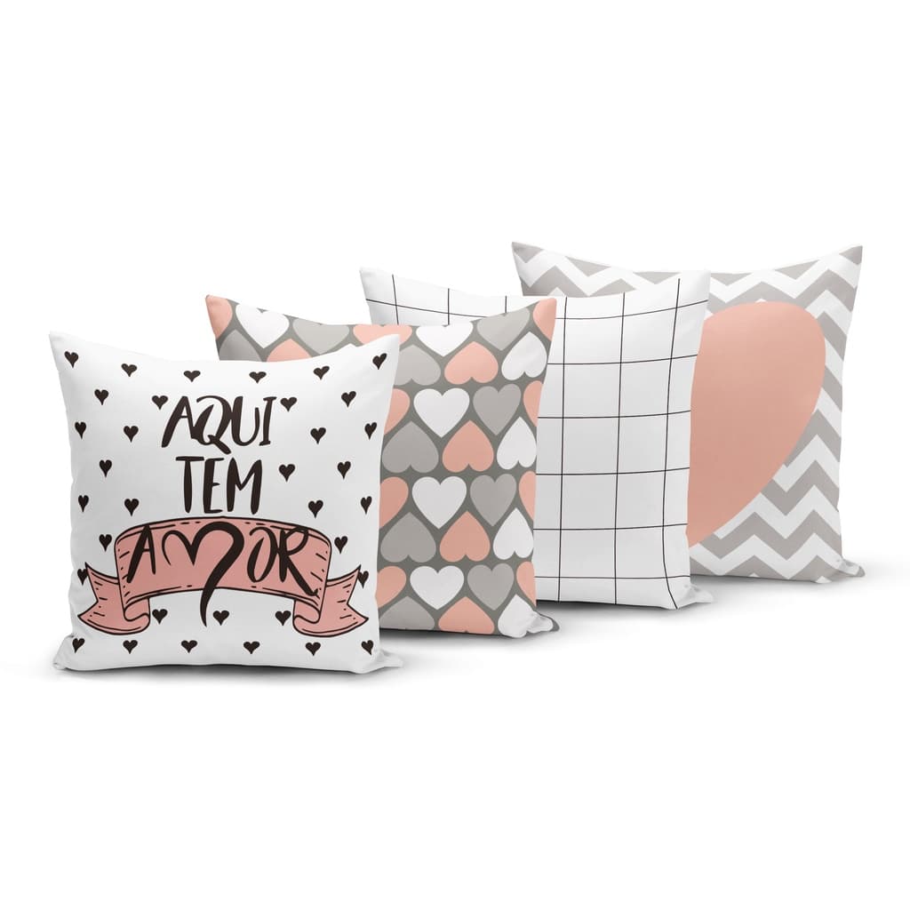 Kit 4 Capas de Almofadas Rosa e Cinza Aqui tem Amor 45x45cm