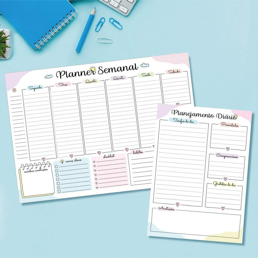Kit de Bloco destacável planner semanal e planejamento diário