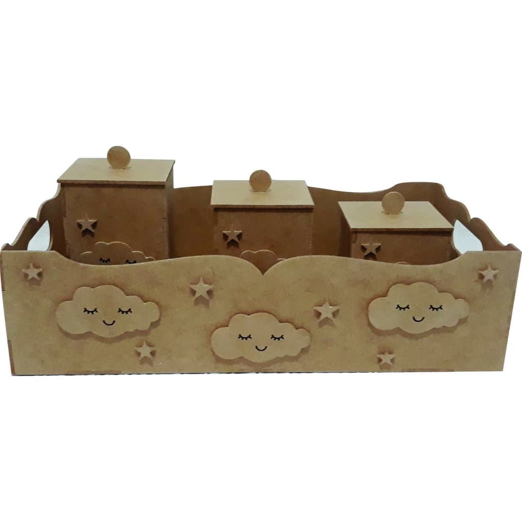 Bandeja com 3 Potes para kit Higiene Bebê Nuvem MDF cru Decoração Quarto Bebê