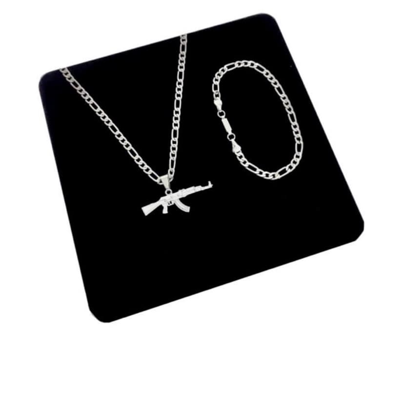 Kit masculino 3x1 AK47 Corrente Banhada a Prata 925 + pulseira 3x1