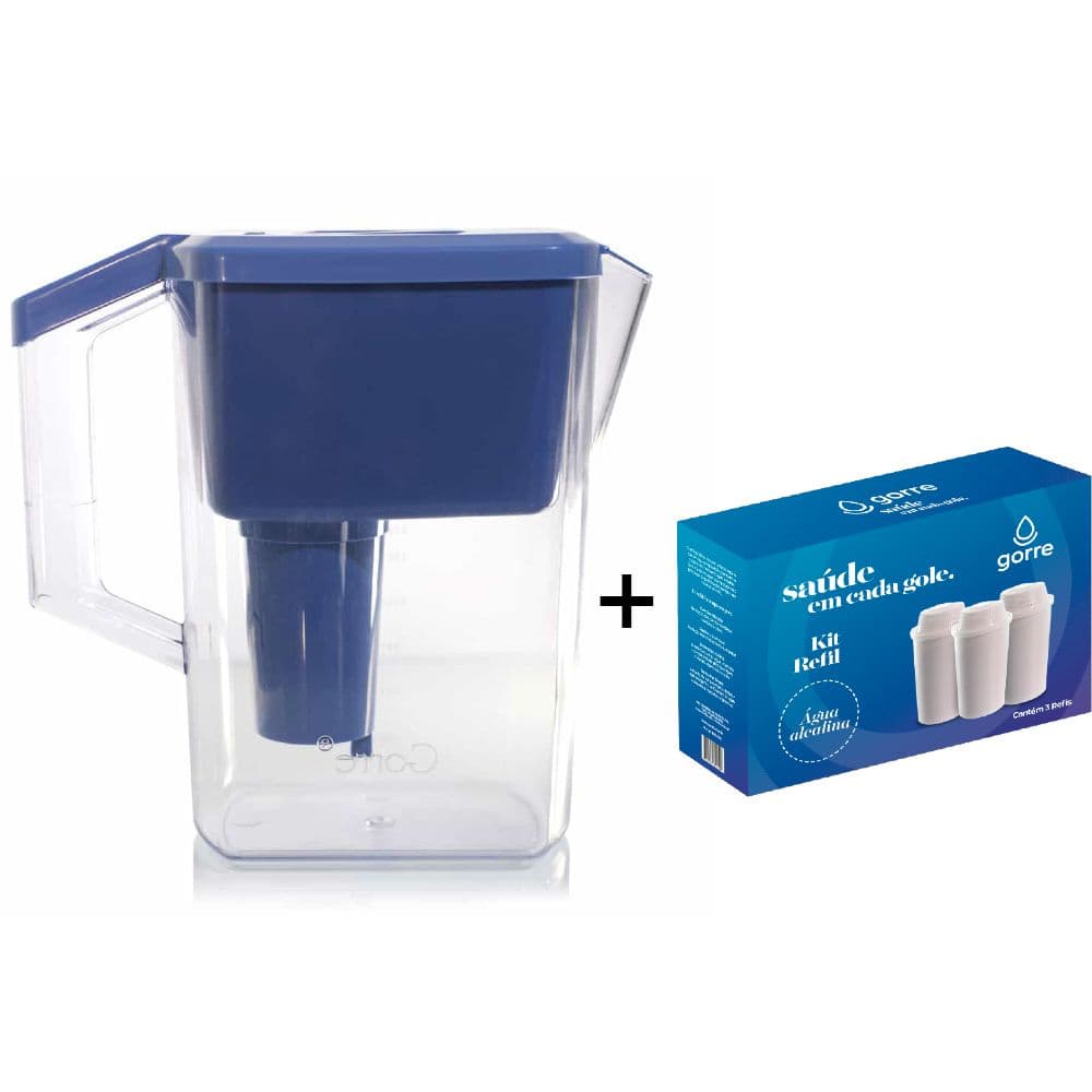 Jarra Purificadora Água Alcalina com Filtro Cerâmica e Minerais Azul + 3 Filtros