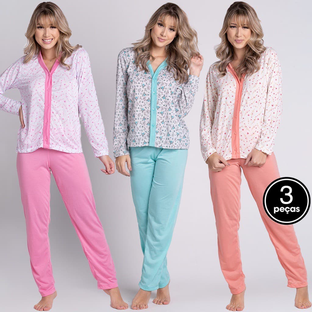 Kit 3 Pijama Botão Longo Aberto Pós Cirúrgico Estampado Pós Parto Conforto
