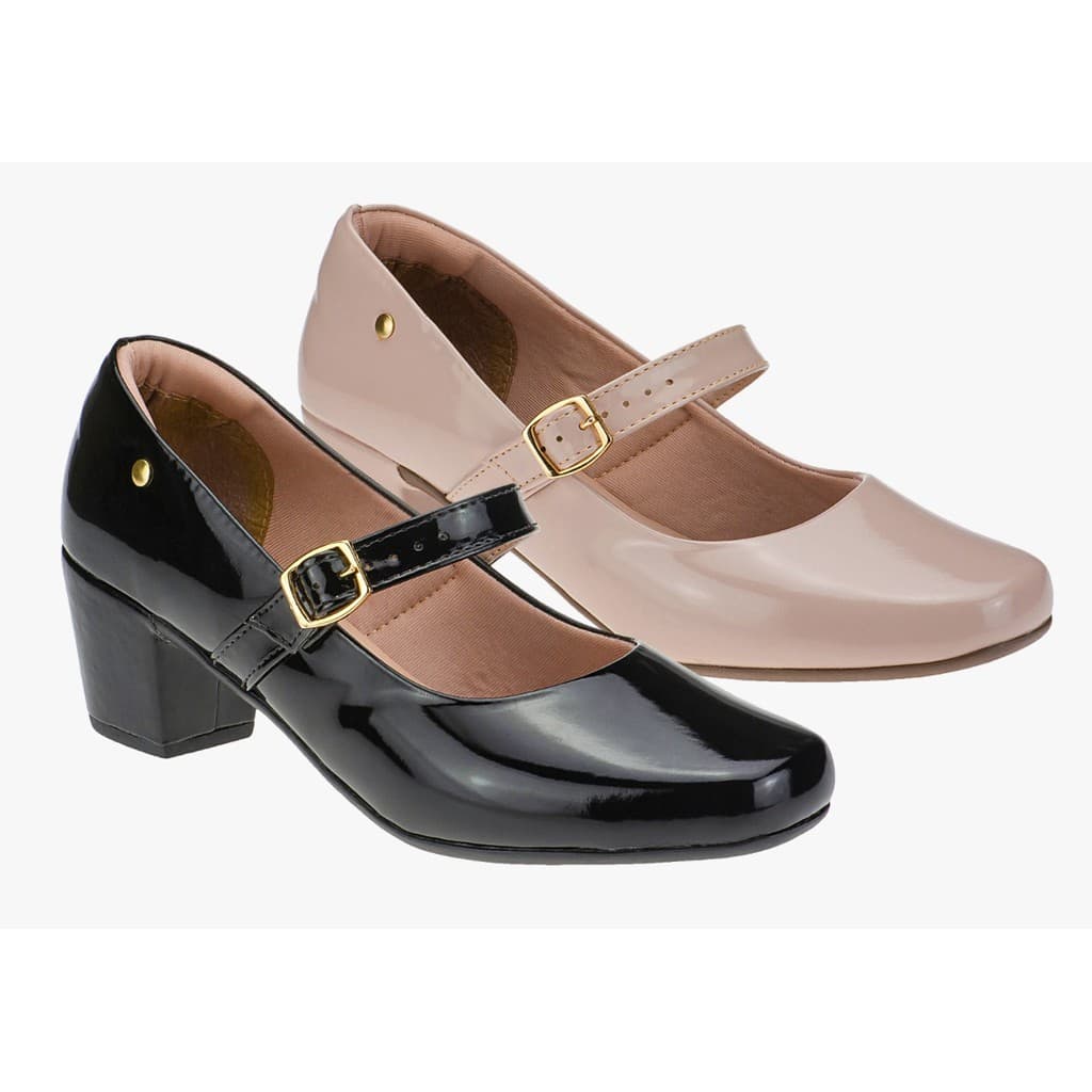 Kit Dois Pares Sapatos Boneca Preto Nude Fechado Delicado Salto Médio Confortavel Mezikin
