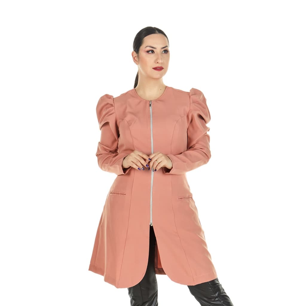 Jaleco Feminino Manga Longa Princesa Zíper Acinturado Nude Profissional Esteticista Clínica Consultório Salão de Beleza