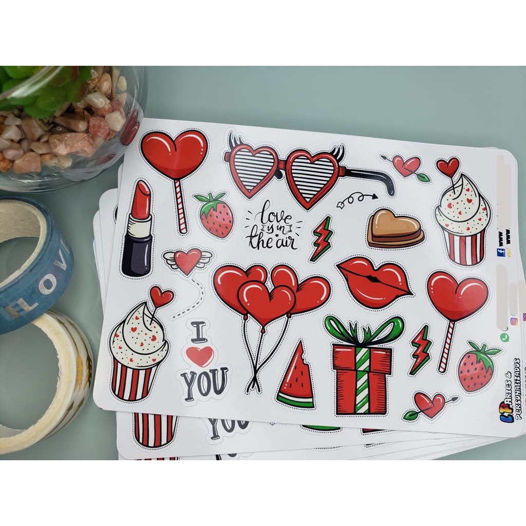 Dia dos Namorados Cartela Adesiva em Vinil, decorativa, bujo, álbum, planner - Limão e Pêssego