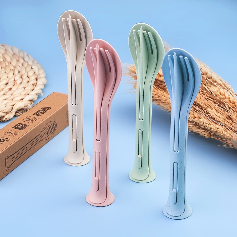 Conjunto De Talheres Portáteis De Viagem 3pcs/Set 3 Em 1 Faca De Palha De Trigo Estilo Japonês Colher De Garfo Para Estudantes Louça De Cozinha