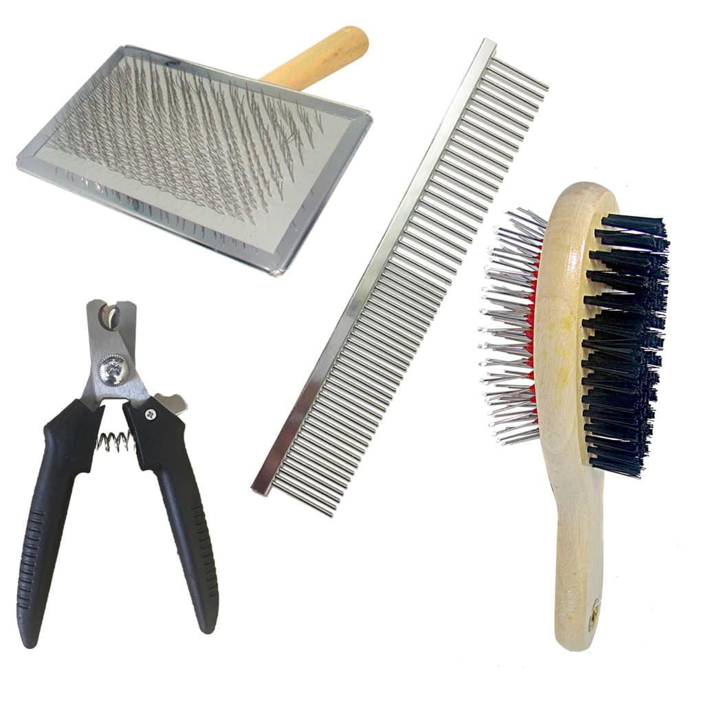 Kit 4 Acessórios Banho e Tosa Escova Dupla fase Alicate 12cm Pente Inox Rasqueadeira Cabo Madeira N.4  Profissional
