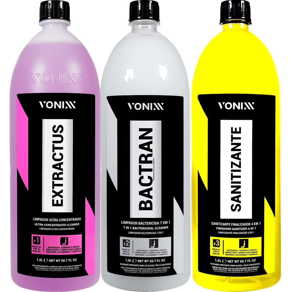 Limpador Bactericida Bactran 1,5L Vonixx + Limpador Extractus 1,5L Vonixx + Sanitizante Finalizador 1,5L Vonixx