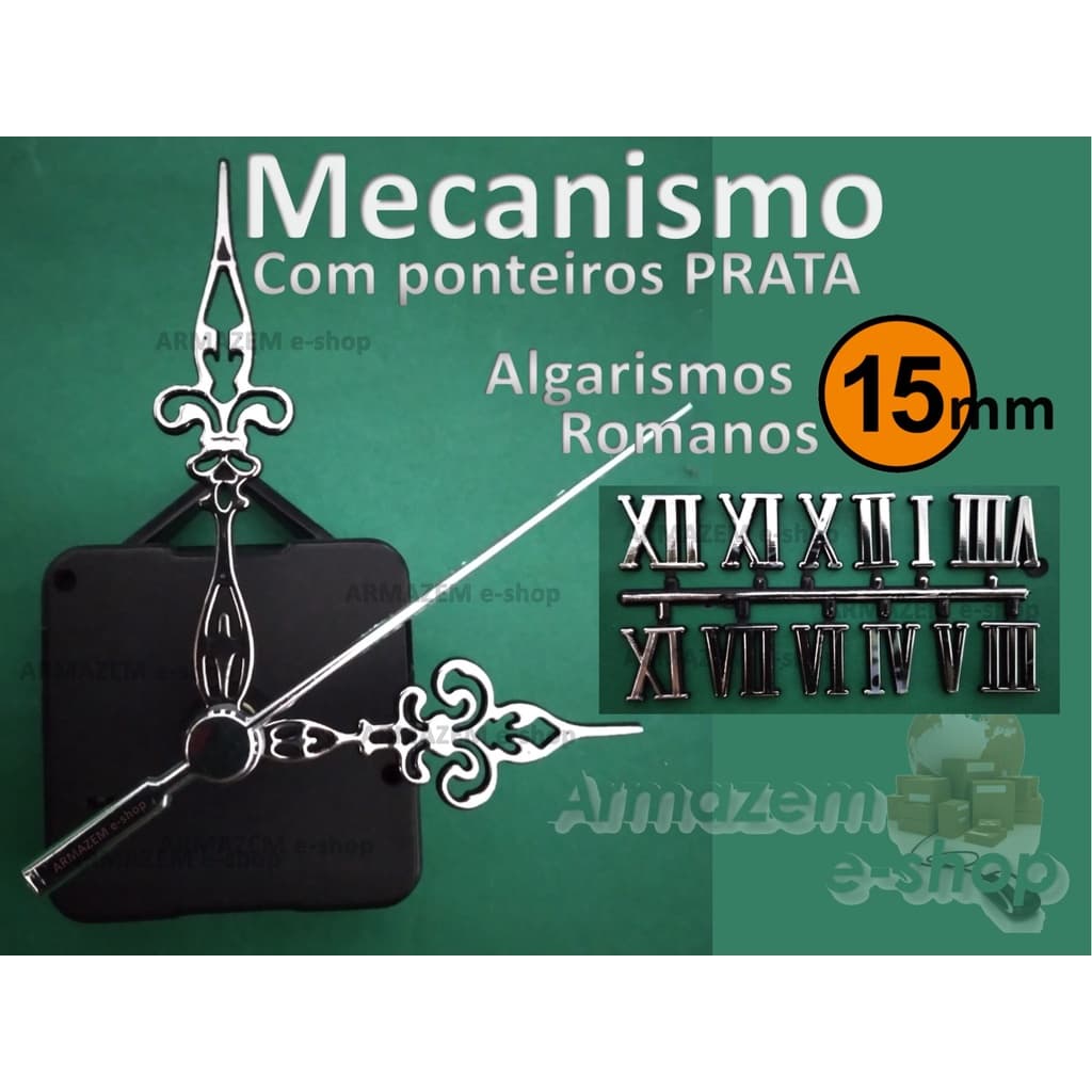 Kit Maquina De Relogio 16mm + Numeros Romanos + Ponteiros Prata.