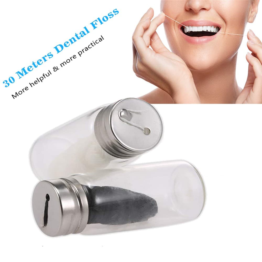 Fio Dental Orgânico Biodegradável De Bambu/Fibra De Milho De Carvão Ativado Com Dispensadores De Frasco De Vidro 30m