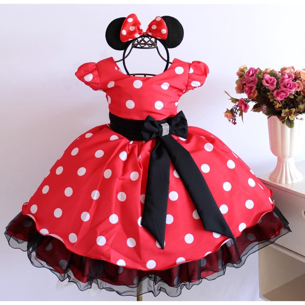 Vestido Infantil Minnie Vermelho Póa Para Festa Temática Aniversario Com Tiara Orelhinha