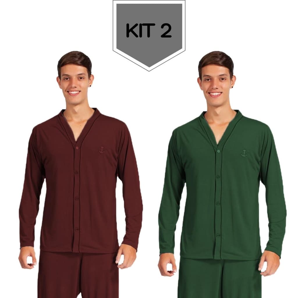 Kit 2 Pijamas Adulto Masculino Longo de Frio Manga Comprida Calça Liso Aberto Manga Longa 040LA
