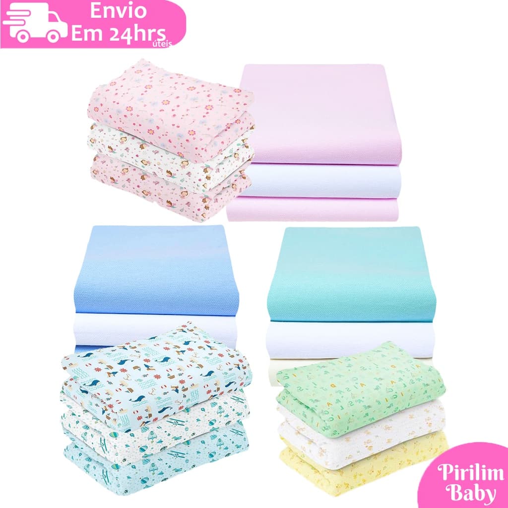Kit 3 Cueiro Bebê Flanelado Estampado e kit 3 Cueiro bebê Liso 100% algodão 80cm x 50cm