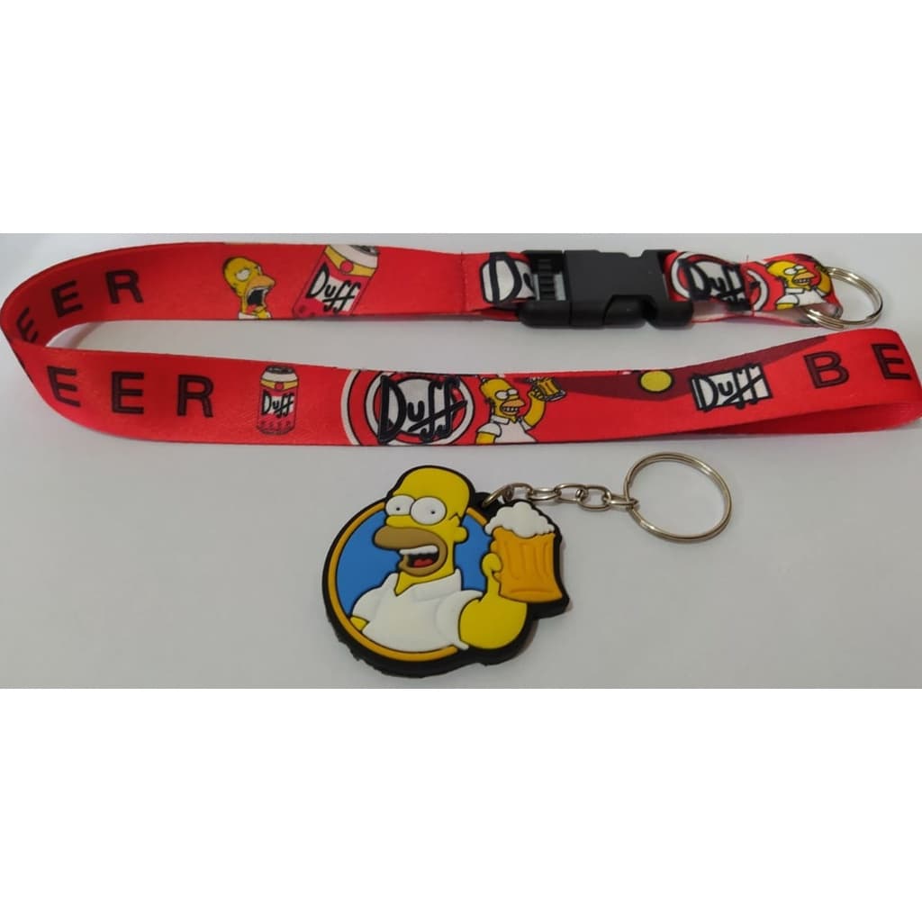 Kit chaveiro cordão moto pescoço fecho engate rápido crachá + Chaveiro emborrachado Homer Duff Beer