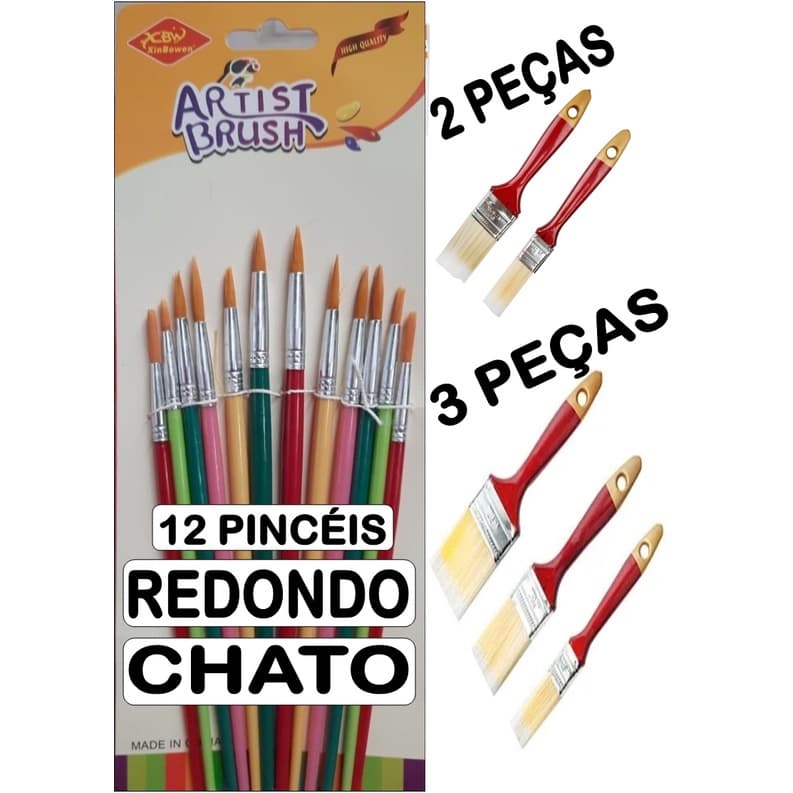 PINCEL ARTÍSTICO BRUSH PARA PINTURA, ARTESANATOS E ESCOLAR - Trincha - CONJUNTO COM 12 PINCÉIS CHATO E REDONDO DIFERENTES ARTES E PINTURAS