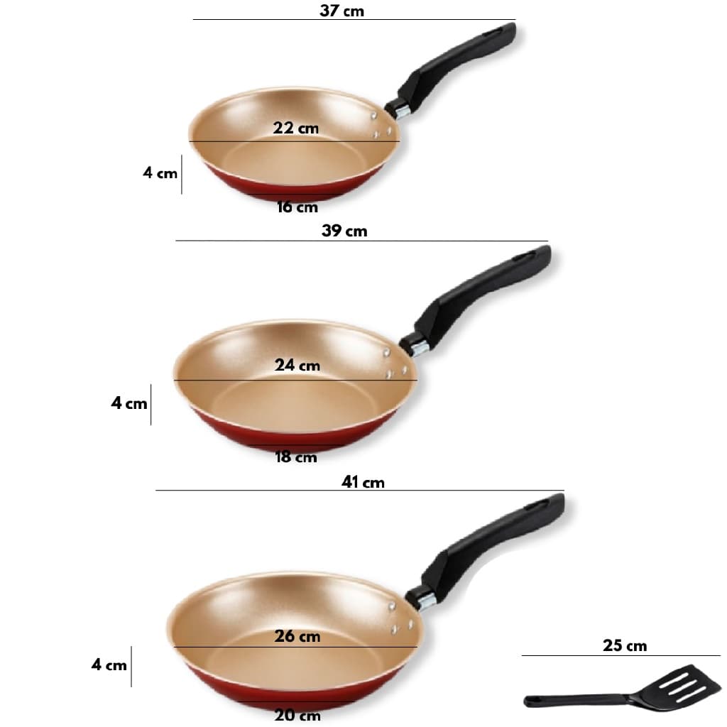 Jogo De Frigideiras 3 Pcs Cereja Dourado Espátula Alumi-Aço Linha Premium J4TECH Alumínio Antiaderente Teflon Ultra Resistente