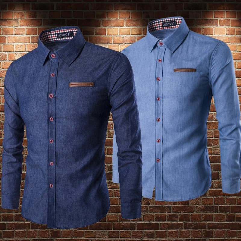 Kit 2 Camisas Masculina Manga Longa Slim Fit - Cor Jeans  Chambray - Homem Elegante