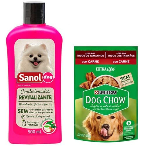 Condicionador Sanol Dog Revitalizante - 500 ml Cachorro Cães e Gatos + Ração Úmida Nestle Purina Dog Chow Sachê Carne