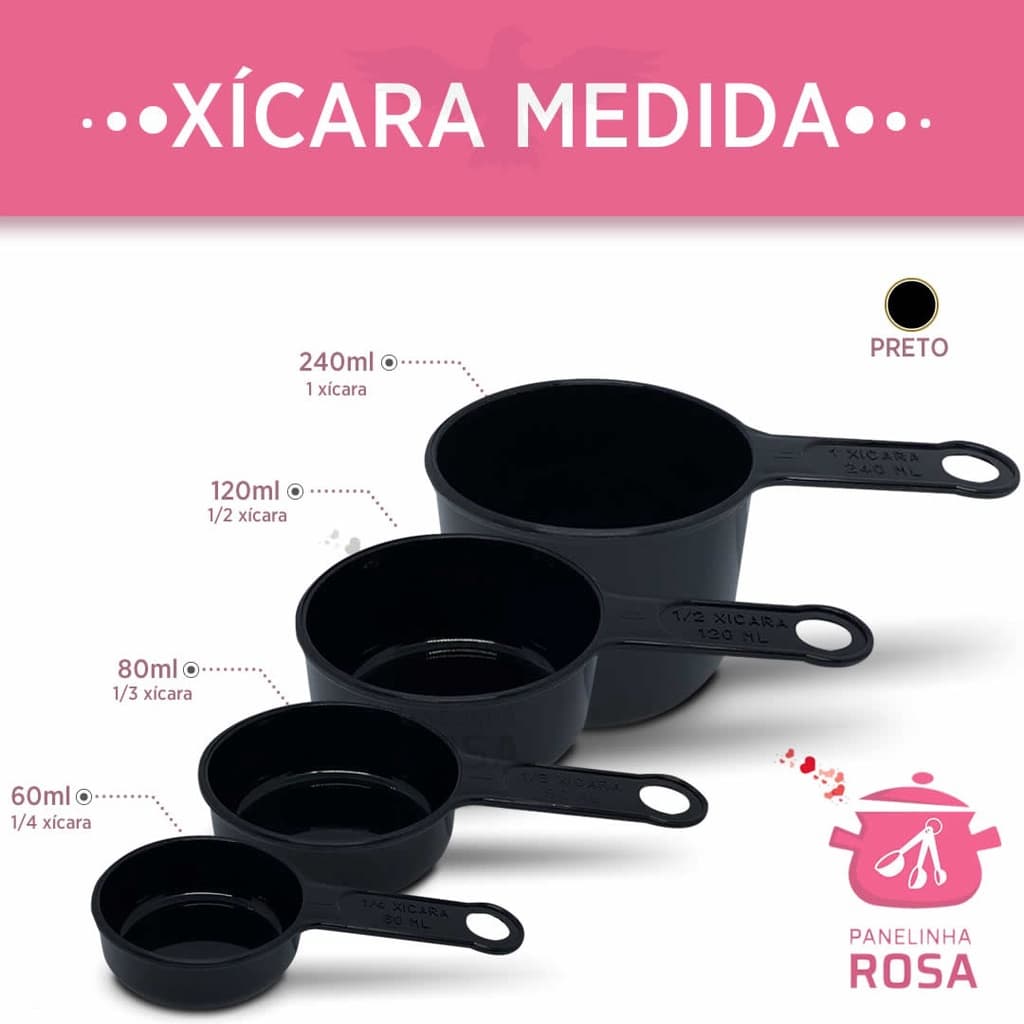 Xicara medida preta com 4 tamanhos