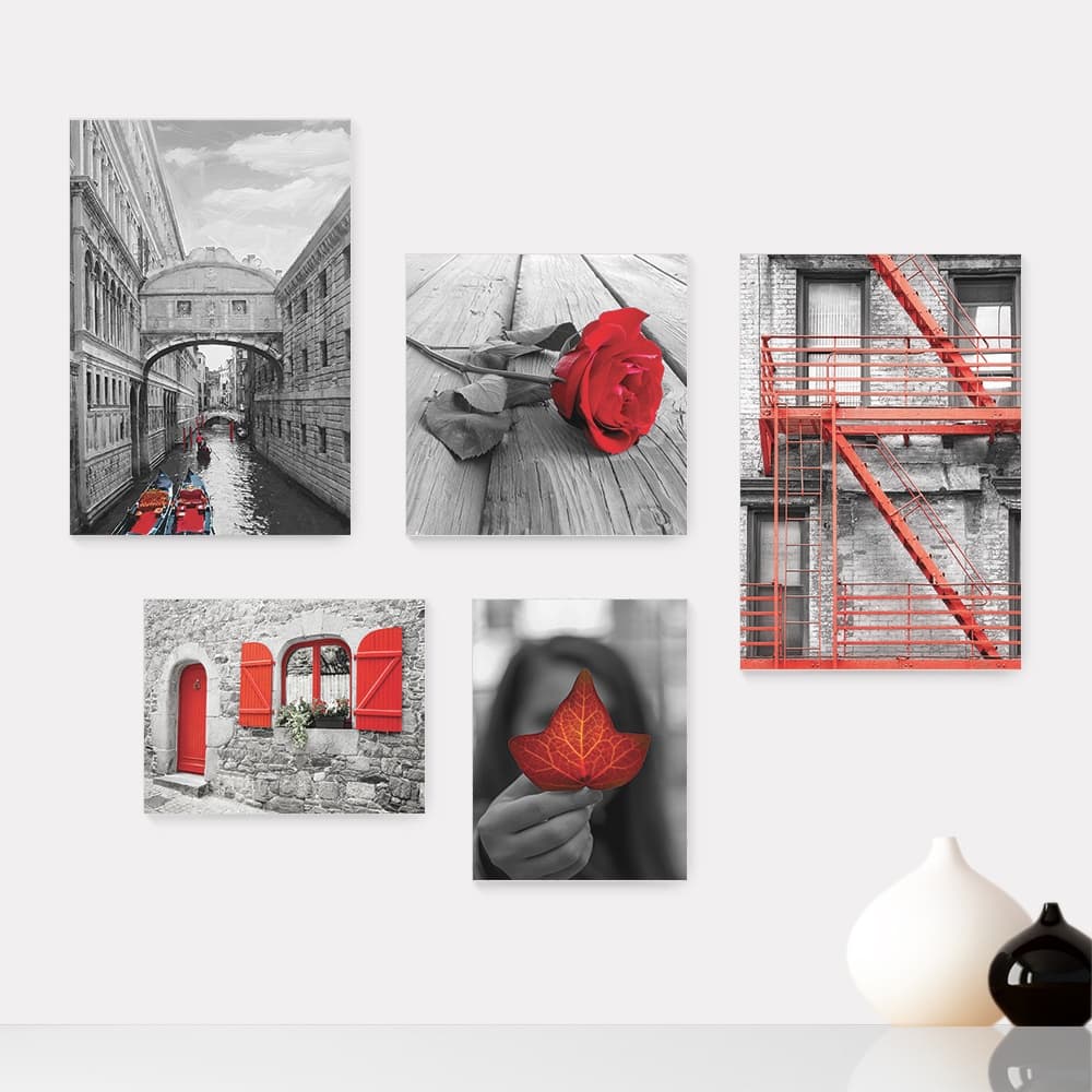 Kit 5 Quadros Decorativos Placas - Cidade - Flor - Preto e Branco com Vermelho - Casa Quarto Sala - 299ktpl5