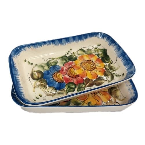 Par Tigela Travessa Retangular Em Porcelana Azul Floral