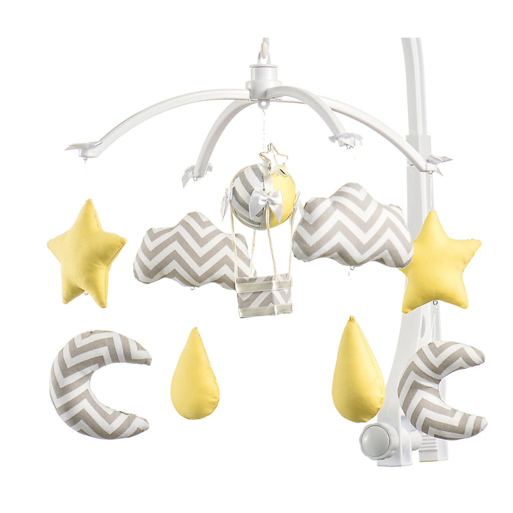 Móbile Berço Bebê Musical E Giratório Nuvens E Balão Amarelo Envio Imediato