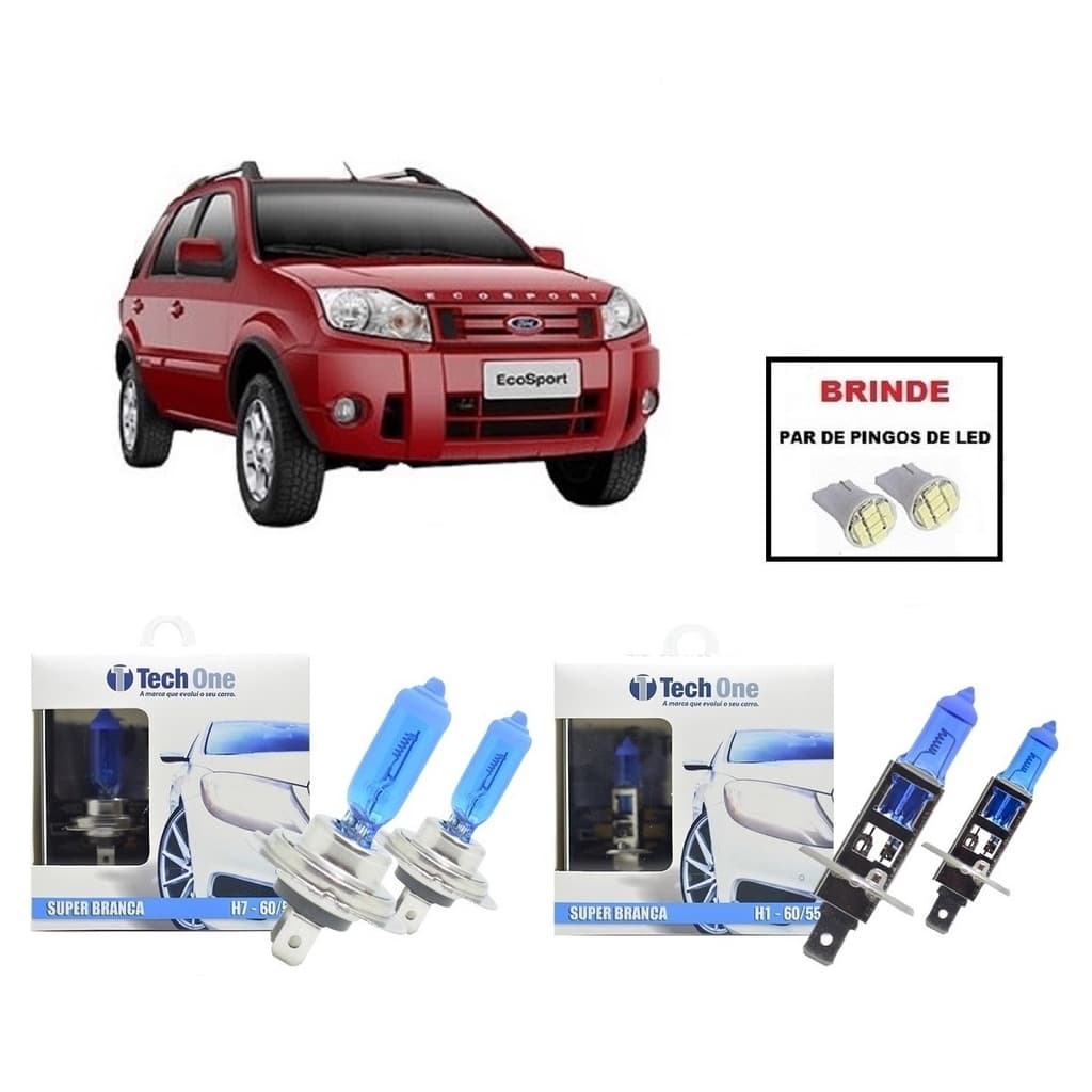Kit com Lampadas Halogenas Super Brancas Farol Alto e Baixo para Ford Ecosport 2003 ate 2012