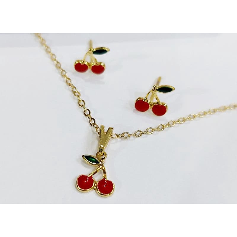 Conjunto Colar e Brinco infantil menina cereja folheado a ouro 18k pronta entrega