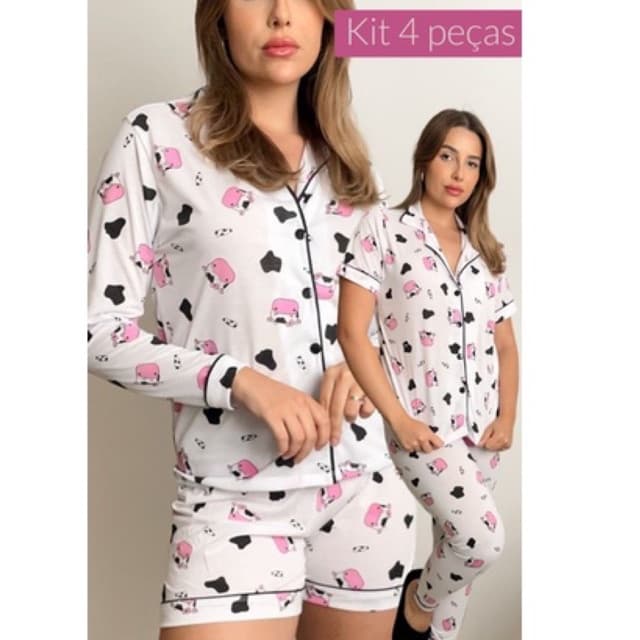 Kit pijama 4 peças 4 formas de uso pijama blogueirinha americano gestante amamentação vaquinha