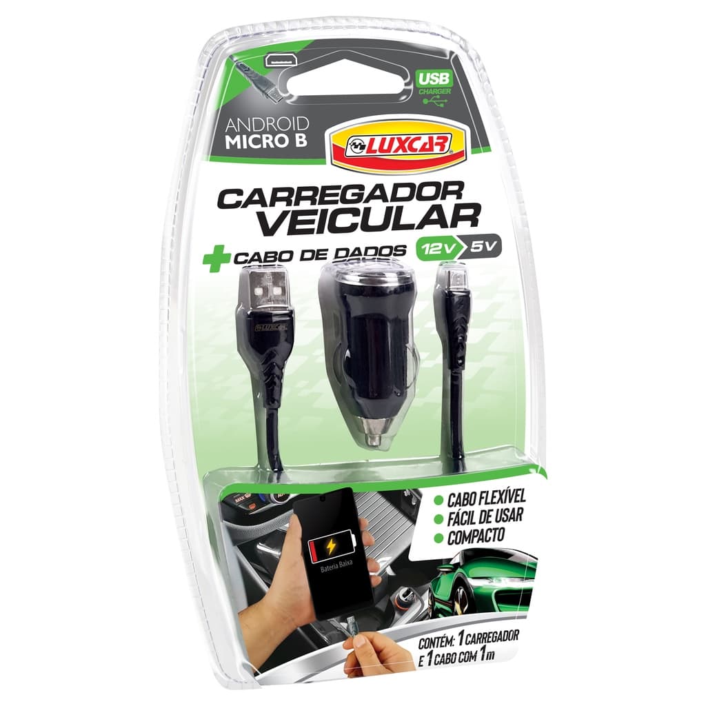 Carregador Veicular + Cabo Dados Luxcar Android Micro B 12v