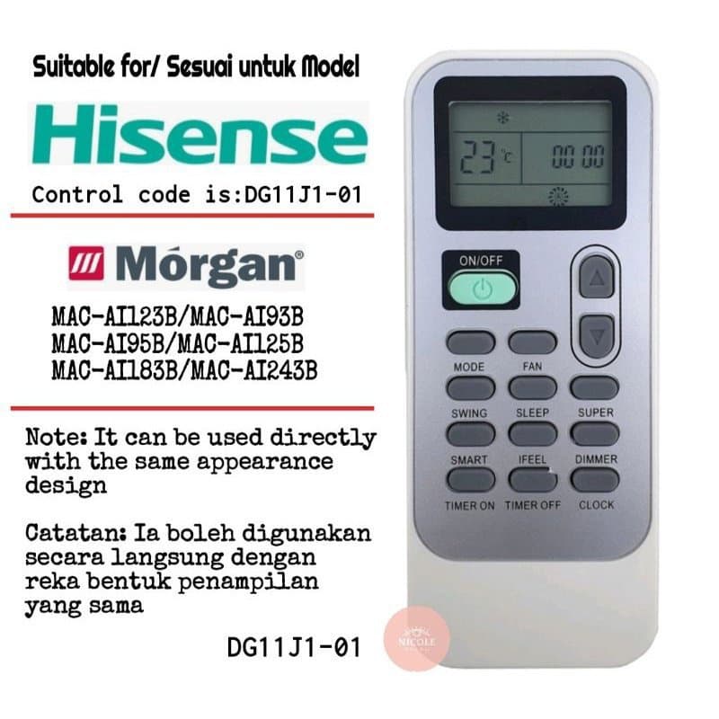 Controle Remoto De Substituição De Ar Condicionado Hisense/Morgan DG11J1-01