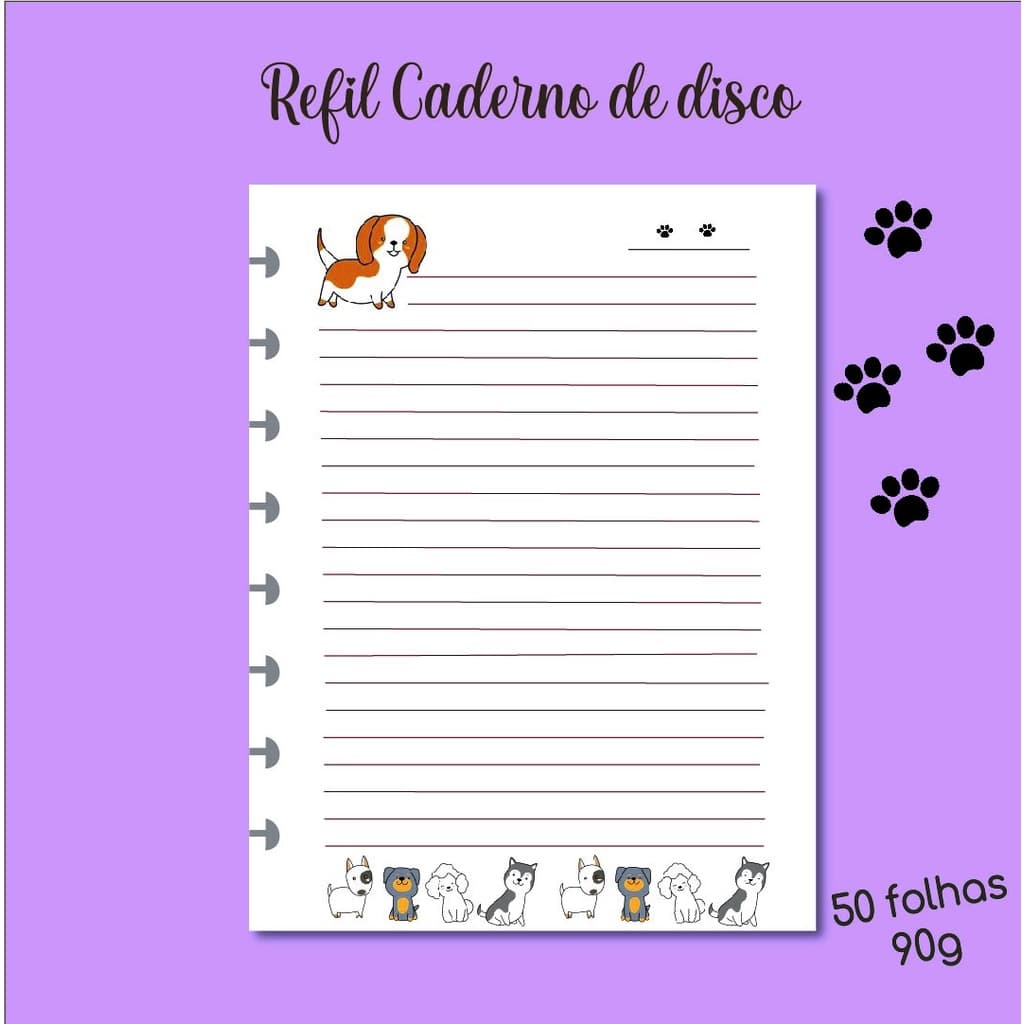 Refil Caderno Disco Inteligente A5 8 Furos 50F kawaii Cachorro
