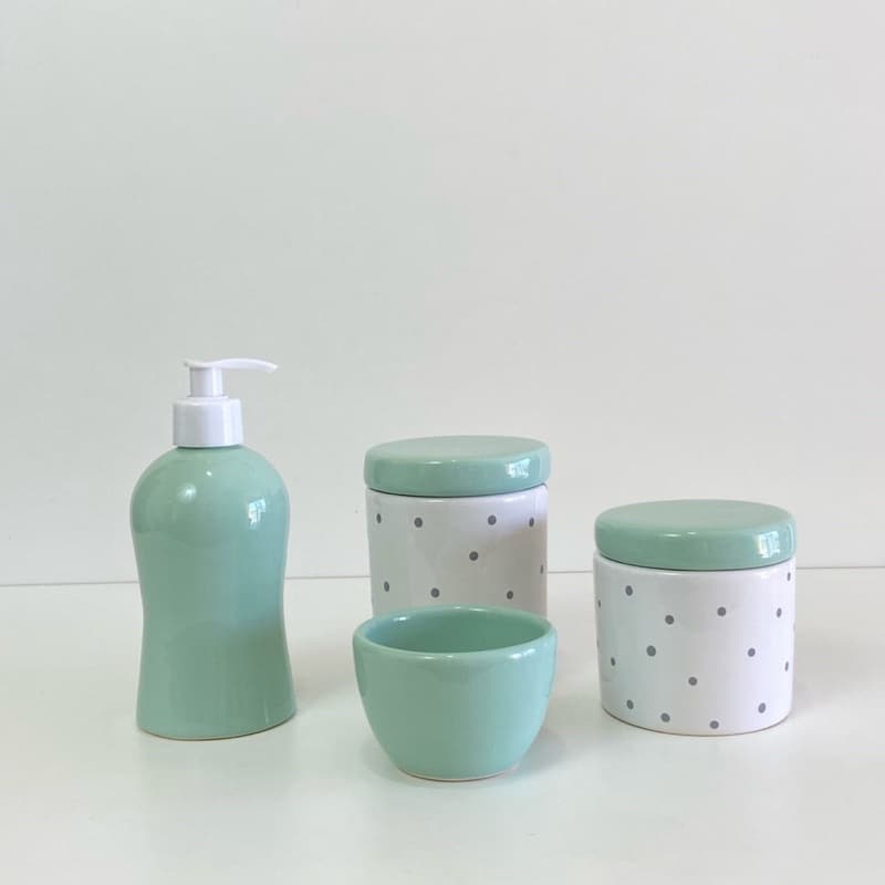 kit higiene ceramica poá cinza e verde claro 4 peças