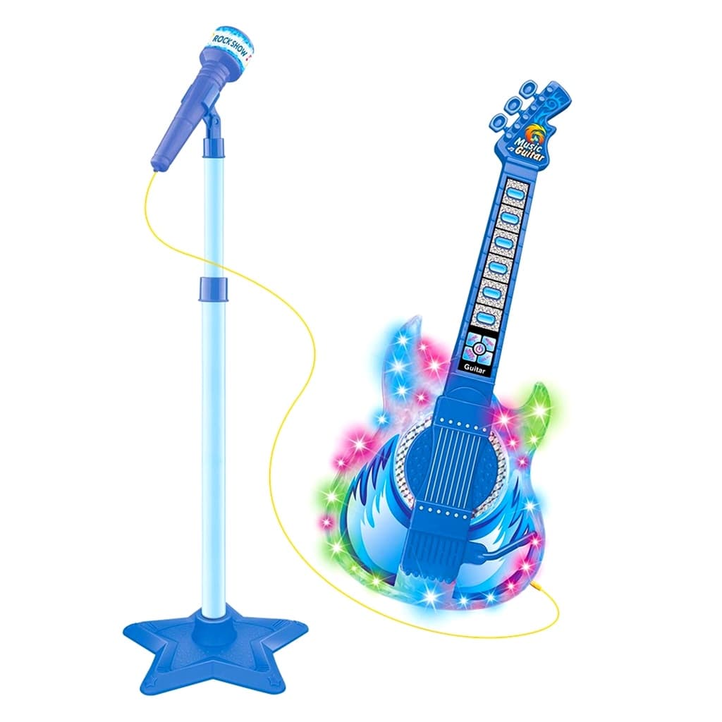 Guitarra E Microfone Infantil Com Pedestal Rock Show Azul Com Som E Luz - Dm Toys
