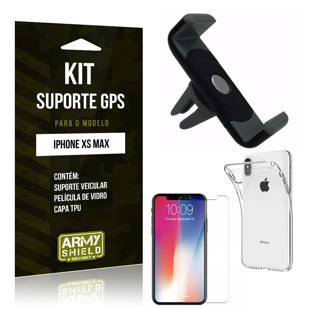 Kit Suporte Veicular Apple iPhone XS Max 6.5 Suporte + Película + Capa - Armyshield