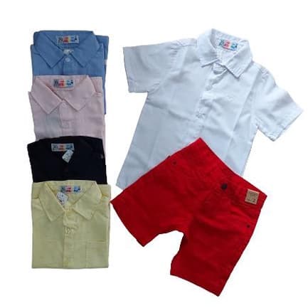 Roupa Infantil Social Festa  Menino Conjunto Bermuda Sarja Vermelha + Camisa MM 01-08 Casamento