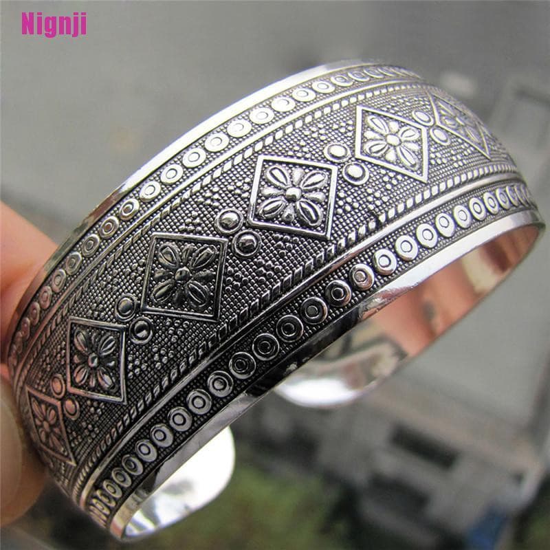 [Nignji] Pulseira Tibetano Com Banho De Prata Totem Bangle Jewelry Punho Largo