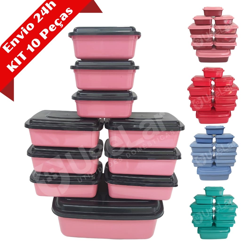 Kit 10 Potes Alimento Plastico Mantimento Conjunto Cozinha Hermético Tapuer com Tampa