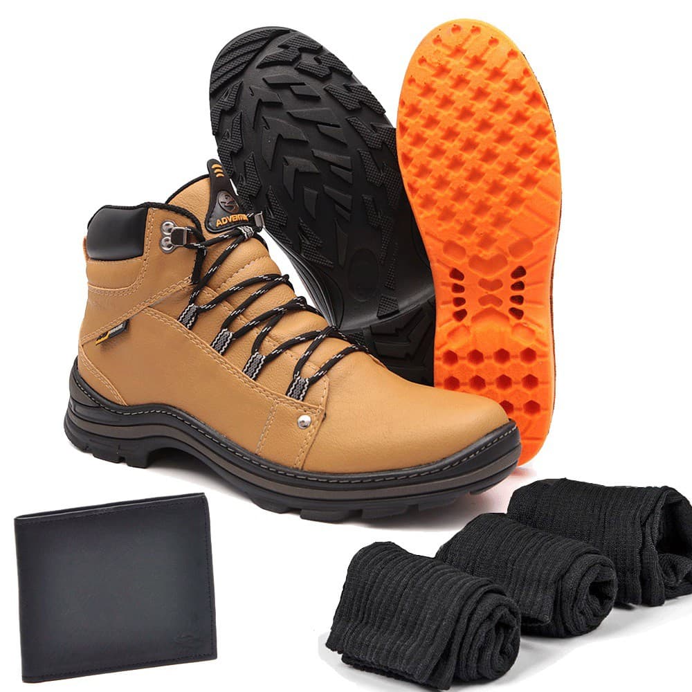 Bota Couro Adventure Venom Bege com Carteira e 3 meias