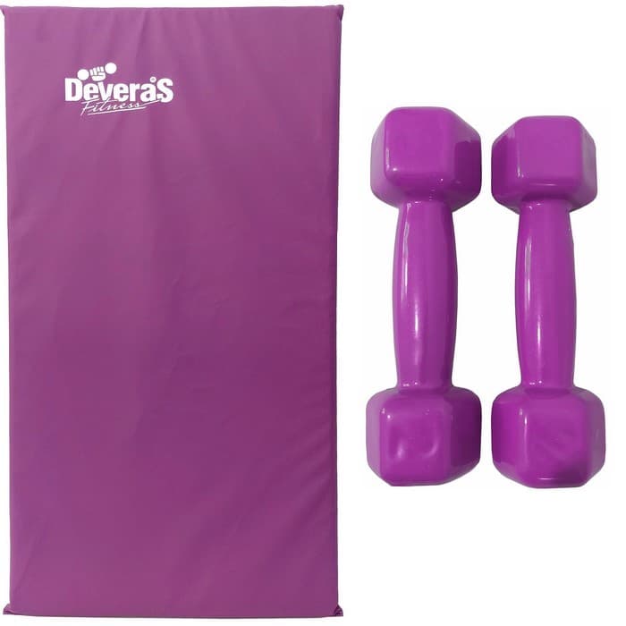 kit treino em casa com colchonete de ginástica + par halteres emborrachado 2 kg