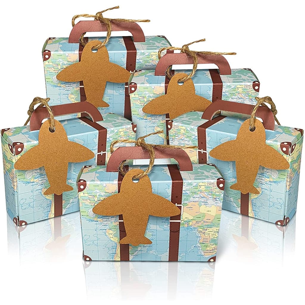 50 Pcs Favor Caixa De Doces , Mapa Do Mundo Mini Mala , Papel Kraft Vintage Com Tags E Serapilheira Gêmeoe Para Viagens Temático Festa , Chá De Noiva , Weddin