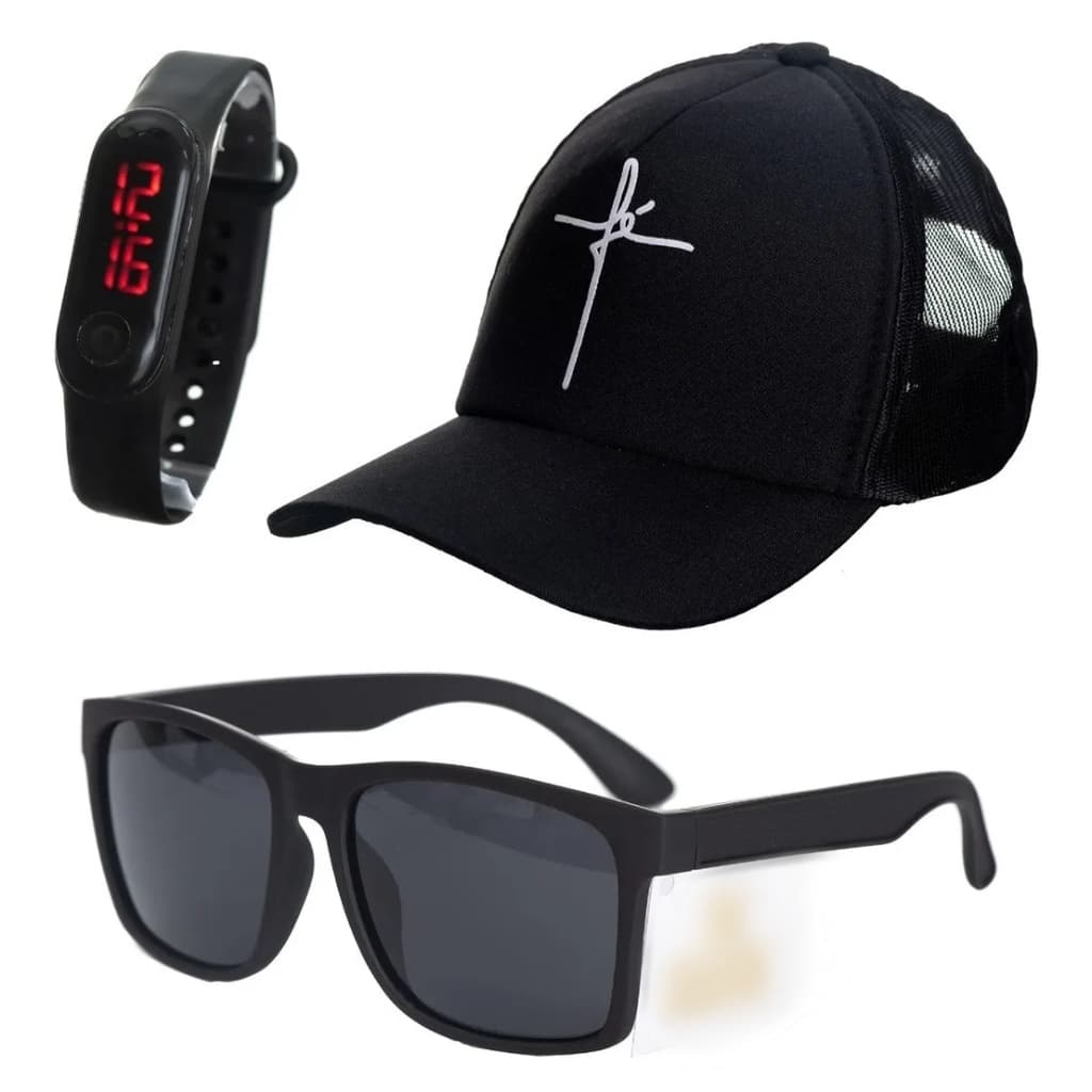 Kit Masculino Relogio Esportivo + Boné fé + Oculos de Sol para o natal