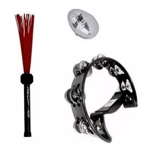 Kit Pandeiro Meia Lua Ovinho Aluminio Vassoura Tv087 Cajon