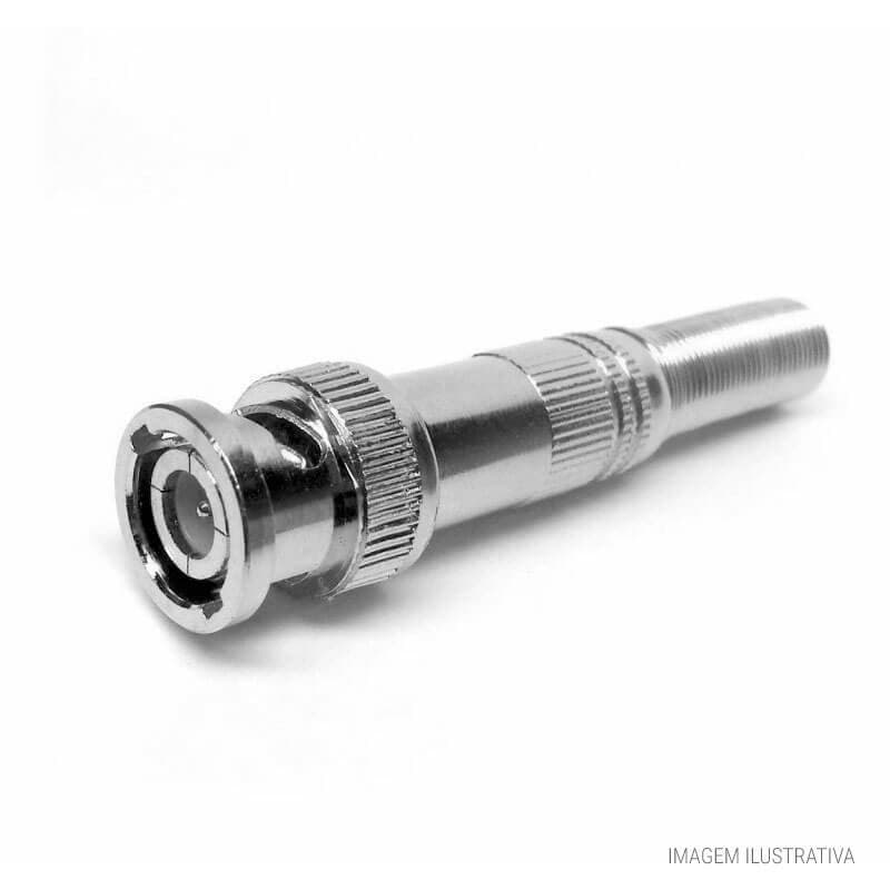 Conector BNC Macho para Solda com Mola de proteção e Parafuso. Conector todo em metal. Plug BNC Macho. Possui mola flexível de proteção para o cabo.