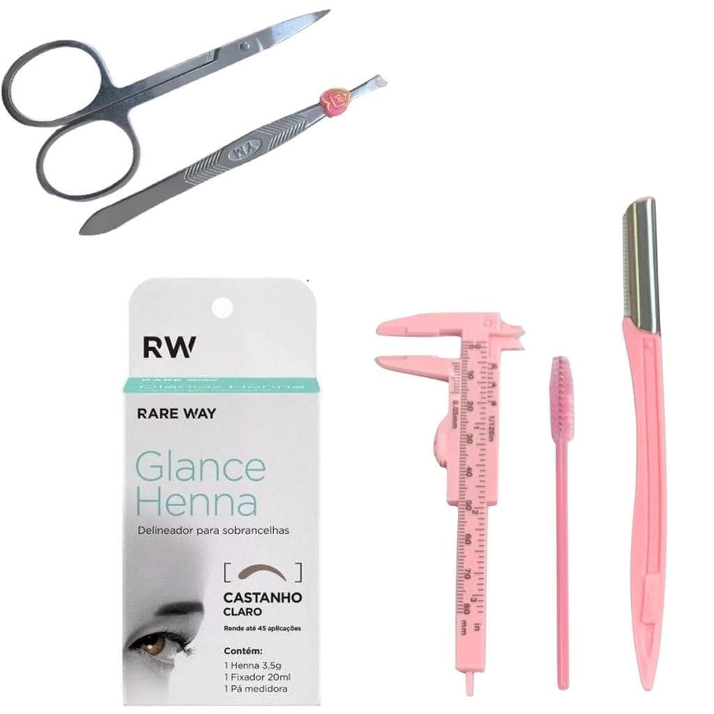 kit designer sobrancelhas profissional henna glance com pinca navalha paquimetro escovinha tesoura