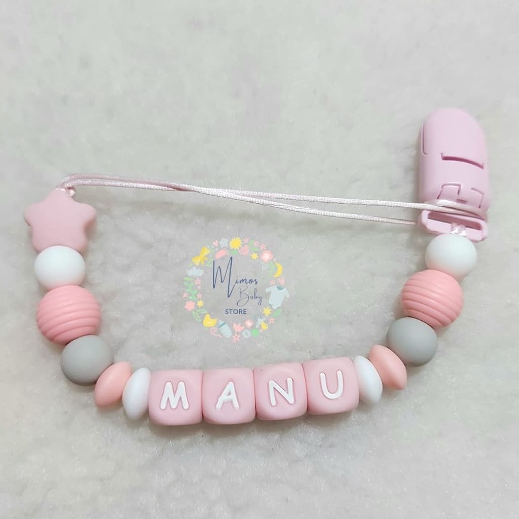 Prendedor de Chupeta e Mordedor Personalizado com Nome de Silicone Estrela