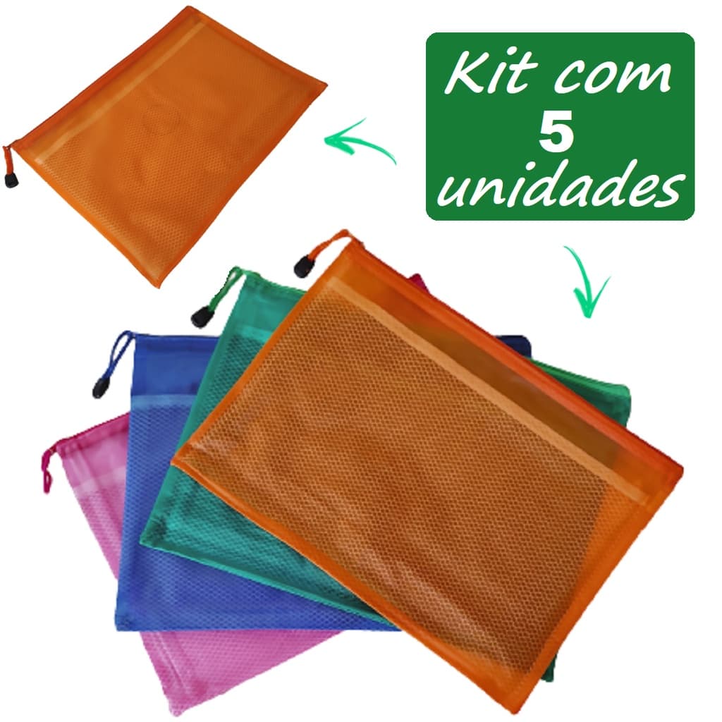 Kit 5 Pasta Organizadora Porta Documento Papéis Arquivo A4 Divisória Zíper Malote