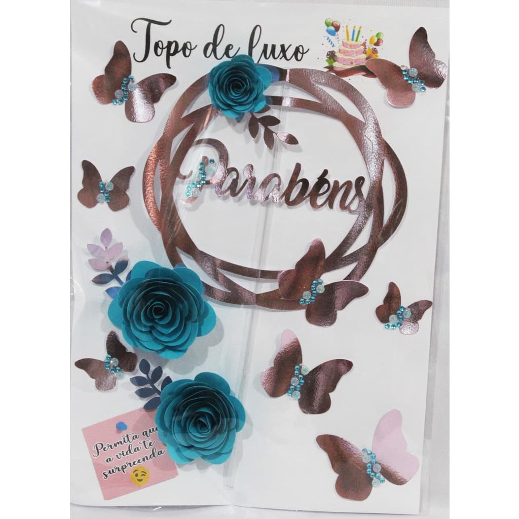 Topper de Bolo - Parabéns Prata com Azul Bahamas