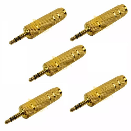 Adaptador 6,5 mm Fêmea P/ 3,5 mm Macho Stereo Dourado 5 Pçs